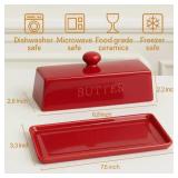 WERTIOO Butter Dish with Lid, Ceramic Butter Dish with Lid for Countertop for 1 Stick. Textured Tray for Non Slip Storage with Stainless Steel 3 in 1 Butter Spreader, Red