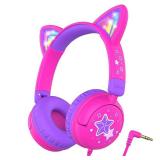 iClever Kids Headphones Cat Ear, LED Light Up, 85dBA Safe Volume, Stereo Sound Toddler Headphones for Travel School, Foldable 3.5mm Wired Kids Headphone for iPad Tablets, Meow Lollipop-Hot Pink