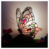 ZJART Small Tiffany Table lamp Stained Glass Butterfly Desk Lamp 7X5X9.8 Inch Accent Antique Light (Pink Butterfly)