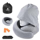 Vzpeun Travel Pillow - Hooded Neck Pillow Airplane Memory Foam Filling for Plane,Cars Sleeping, Road Trip, Long Flights, Portable Plane Accessories, Includes Eye Mask & Earplugs (Light Gray)