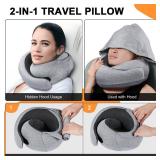 Vzpeun Travel Pillow - Hooded Neck Pillow Airplane Memory Foam Filling for Plane,Cars Sleeping, Road Trip, Long Flights, Portable Plane Accessories, Includes Eye Mask & Earplugs (Light Gray)