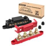 MOFEEZ Power Distribution Block Bus Bar, 4 x 5/16\" Posts, 6 x #8 Screws Terminals, Max 48V 250A (Pair, Red & Black)