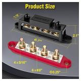 MOFEEZ Power Distribution Block Bus Bar, 4 x 5/16\" Posts, 6 x #8 Screws Terminals, Max 48V 250A (Pair, Red & Black)