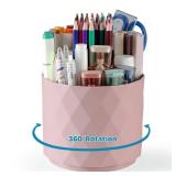 Desk Pencil Pen Holder, 5 Slots 360-Degree Rotating Desk Organizer, Diamond Pattern Desktop Storage Stationery Supplies Organizer, Cute Desk Accessories for Office, School, Home, Art Supply (Pink)