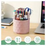 Desk Pencil Pen Holder, 5 Slots 360-Degree Rotating Desk Organizer, Diamond Pattern Desktop Storage Stationery Supplies Organizer, Cute Desk Accessories for Office, School, Home, Art Supply (Pink)