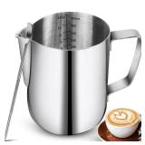 NewGF Milk Frothing Pitchers-12oz/350ML Stainless Steel Steaming Pitchers, Scale Coffee/Milk/Cappuccino/Latte Art Barista Steam Pitchers, Milk Jug Cup with Decorating Pen-Silver
