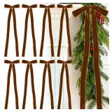 Glitinsel 8 Pcs Brown Velvet Christmas Bows 8\" x 23.6\" Pre Tied Handmade Fringe Velvet Ribbon Bows Rustic Crafts Gift Wrapping for Xmas Wreath Garland Staircase Stairway, Stair, Railing