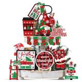 Tradder 14 Pcs Christmas Tiered Tray Decor Christmas Stockings Red Truck Xmas Tree Santa Wooden Signs Xmas Table Decorations Rustic Farmhouse Ornaments for Home Shelf