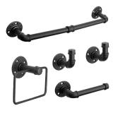 Jeasor 5-Pieces Industrial Pipe Bathroom Accessories Hardware Kit DIY Wall Mounted Includes Towel Bar Robe Hooks Toilet Paper Holder and Towel Ring (Black, 18 Inch) (missing hanging hooks)