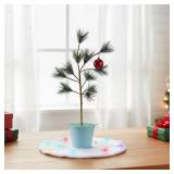 Bokon 24-inch Brown Christmas Tree Tabletop Christmas Tree Decor with Blue Iron Bucket Classic Red Balls Colorful Lights Snow Cotton Xmas Spirit Minimalist Style Cute for Party Gifts