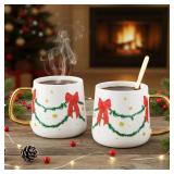 Potchen 2 Pcs Holiday Mugs Set Gift for Couple Parents, Coffee Cup with Golden Handle and Spoon, 10 oz Ceramic Tea Hot Cocoa Cups Gift for Family Home Kitchen Decor(Christmas Garland)