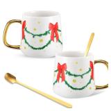 Potchen 2 Pcs Holiday Mugs Set Gift for Couple Parents, Coffee Cup with Golden Handle and Spoon, 10 oz Ceramic Tea Hot Cocoa Cups Gift for Family Home Kitchen Decor(Christmas Garland)