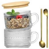 Vintage Coffee Mugs, Overnight Oats Containers with Bamboo Lids and Spoons - 14oz Clear Embossed Glass Cups, Cute Coffee Bar Accessories, Iced Coffee Glasses, Ideal for Cappuccino, Latte, 2 Pack