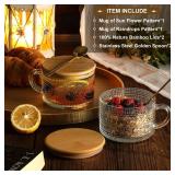 Vintage Coffee Mugs, Overnight Oats Containers with Bamboo Lids and Spoons - 14oz Clear Embossed Glass Cups, Cute Coffee Bar Accessories, Iced Coffee Glasses, Ideal for Cappuccino, Latte, 2 Pack
