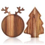 Umigy 2 Pcs Christmas Charcuterie Boards Christmas Tree Wooden Cutting Board with Handle Antler Acacia Wood Cute Cutting Board for Cheese Fruit Bread Salad Vegetables Snack Dessert