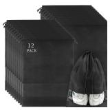 12 Pack Large Shoe Bags for Packing with Clear Window, Dustproof Drawstring Travel Shoe Storage Bags for Men & Women, Black