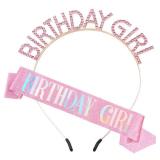 PQRUU Glitter Birthday Sash, Tiara and Rhinestone Headband Set - Pink Birthday Accessories for Her