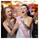 PQRUU Glitter Birthday Sash, Tiara and Rhinestone Headband Set - Pink Birthday Accessories for Her