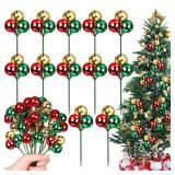 Syhood 12 Set 7.9 Inch Christmas Ball Picks and Sprays Shatterproof Xmas Red Green Gold Ball Ornaments on Wired Picks for Christmas Tree Vase Wreath Stairs Garland Decoration Supplies