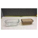 Anchor Hocking Clear Glass Loaf Pan and a Pyrex Brown Loaf Pan