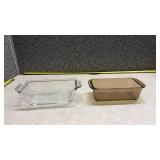 Anchor Hocking Clear Glass Loaf Pan and a Pyrex Brown Loaf Pan