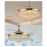 Retails for $340! 52" Dimmable Gold Fandelier Ceiling Fans with Lights and Remote Modern Retractable Blade Crystal Chandelier Ceiling Fan for Bedroom Dinning Room Living Room