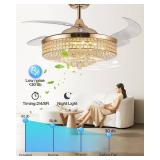 Retails for $340! 52" Dimmable Gold Fandelier Ceiling Fans with Lights and Remote Modern Retractable Blade Crystal Chandelier Ceiling Fan for Bedroom Dinning Room Living Room