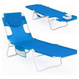 #WEJOY Folding Tanning Chair with Face Hole, 5 Positions Face Down Beach Lounge Chairs with Pillow for Outside Sunbathing Poolside (Blue)