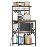 Furologee Kitchen Bakers Rack with Power Outlet, Microwave Oven Stand with Storage 4 Tiers, Coffee Bar Table with 6 S Hooks, Kitchen Storage Shelf Rack for Spices, Pots, Rustic Brown