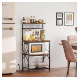 Furologee Kitchen Bakers Rack with Power Outlet, Microwave Oven Stand with Storage 4 Tiers, Coffee Bar Table with 6 S Hooks, Kitchen Storage Shelf Rack for Spices, Pots, Rustic Brown
