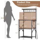 Furologee Kitchen Bakers Rack with Power Outlet, Microwave Oven Stand with Storage 4 Tiers, Coffee Bar Table with 6 S Hooks, Kitchen Storage Shelf Rack for Spices, Pots, Rustic Brown