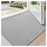 LUMI Ultra Thin Indoor Door Mat for Entrance 17"x30", Non Slip Entryway Mat, Low Profile Doormat, Unique Herringbone Design Carpet for Inside, Patio, Porch, Gray