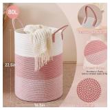 CLHMILY&Z 80L Laundry Basket Round Storage Rope Basket - 16.5x22.5 Inches - Pink Hamper in Bedreoom and Cute Storage Bin for Blankets, Toys, and Nursery Essentials