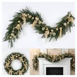 6ft Christmas Norfolk Pine Garland with Light Realistic Prelit Christmas Garland with Bow Berry Stem Ball Real Touch Greenery Garlands for Mantle Fireplace Table Home Decor(Gold)