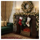 6ft Christmas Norfolk Pine Garland with Light Realistic Prelit Christmas Garland with Bow Berry Stem Ball Real Touch Greenery Garlands for Mantle Fireplace Table Home Decor(Gold)