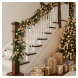 6ft Christmas Norfolk Pine Garland with Light Realistic Prelit Christmas Garland with Bow Berry Stem Ball Real Touch Greenery Garlands for Mantle Fireplace Table Home Decor(Gold)