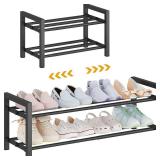 2-Tier Expandable Shoe Rack (17.5"-30.7") Adjustable Heavy-Duty Metal Shoe Organizer Shelf for Closet, Entryway, Mudroom & Garage Durable Freestanding Storage, Black