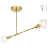 XiNBEi Lighting Brass Semi Flush Mount Ceiling Light Modern 2-Light Sputnik Chandelier Ceiling Light Fixtures Industrial Light Fixture for Bedroom Dining Room Hallway (LED Bulb Included)