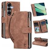 for Samsung Galaxy-Z-Fold-7 Wallet Case: with RFID Blocking Card Slots (6 Cards) & Hidden S Pen Holder | Soft PU Leather Magnetic Snap Zipper Wrist Strap Protective Phone Cover - Brown