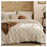 Bedsure Queen Size Comforter Set Beige, Boho Tufted Bed Set, Checkered Farmhouse Shabby Chic Bedding, 3 Pieces, 1 Plaid Geometric Comforter and 2 Pillow Shams