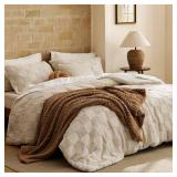 Bedsure Queen Size Comforter Set Beige, Boho Tufted Bed Set, Checkered Farmhouse Shabby Chic Bedding, 3 Pieces, 1 Plaid Geometric Comforter and 2 Pillow Shams