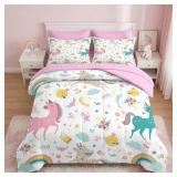 Nesker Comforter Full Size, Cute Colorful Unicorns Bedding Set for Kids Teen, Cloud Rainbow
