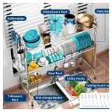 MOUKABAL Dish Drying Rack - Stainless Steel Over The Sink Dish Drying Rack (Expandable Length), 2 Tier Large Dish Rack with Utensil Holder, 32.3" - 33.9"(L) x 11.4"(W) x 32.3"(H) Silver
