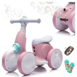 JoyRydz 6V Electric Baby Balance Bike with Bubble Machine,4 in 1 Toddler Balance Bike w/Remote Control for 1 Year Old Boys Girls Kids Bubble Bike Ride on Toys w/Powered Motor,Music,LED Lights (Pink)