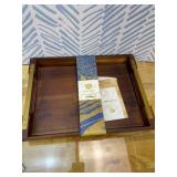 Acacia Wood Serving Tray with Metal Handles, 17x13in Large Ottoman Tray, Food Drinks Tray for Coffee Table, Breakfast, Dinner & Bar, Rustic Decorative Tray for Kitchen, Bedroom Gift Box