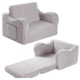Kids Sofa, 2-in-1 Flip-Out Foam Couch with Soft Sherpa Cover, Cozy Play Lounge Chair, Grey