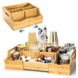 Coffee Station Organizer for Countertop, Bamboo Coffee Bar Condiment Organizer, Extendable Tea Condiment Storage for Bar Decor, Kitchen, Office, 7 Compartment