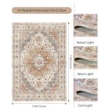 5x7 Area Rugs for Living Room,Stain Resistant Washable Rug,Non-Slip Backing Rugs for Bedroom,Kitchen,Printed Vintage Home Decor Rug (Turmeric/Grey, 5
