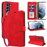 for Samsung Galaxy S21 Case Wallet, RFID Blocking 4 Card Slots Holder, S21 Phone Case, Wrist Strap, Shockproof Protective, Stand Soft PU Leather Folio Flip Cover (Red)