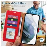 for Samsung Galaxy S21 Case Wallet, RFID Blocking 4 Card Slots Holder, S21 Phone Case, Wrist Strap, Shockproof Protective, Stand Soft PU Leather Folio Flip Cover (Red)